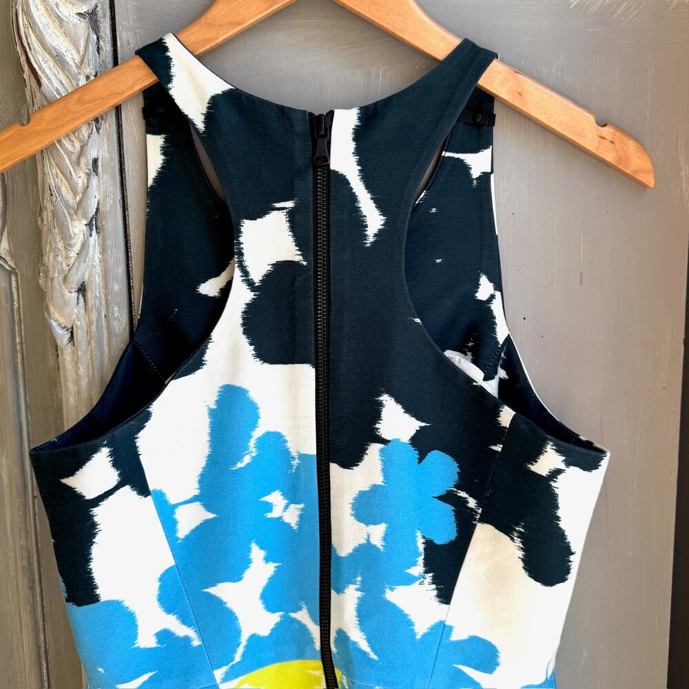 Milly Floral Split Neck Racerback Pleated Minidress Blue Yellow Size 6 - Picture 6 of 16